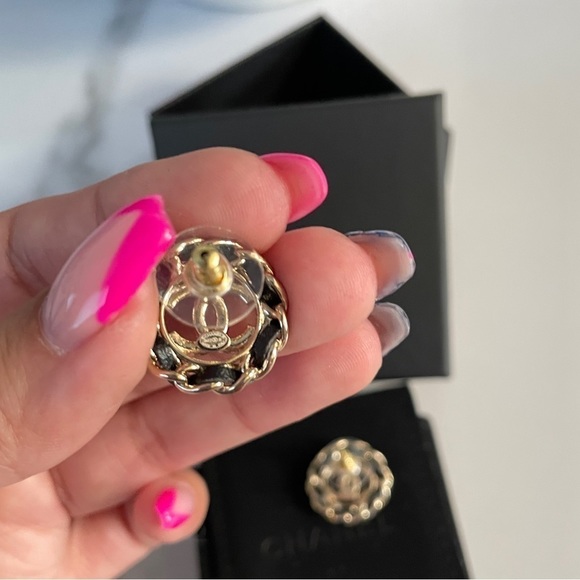 CHANEL 2022 Leather & Crystal CC Stud Earrings - Picture 4 of 7